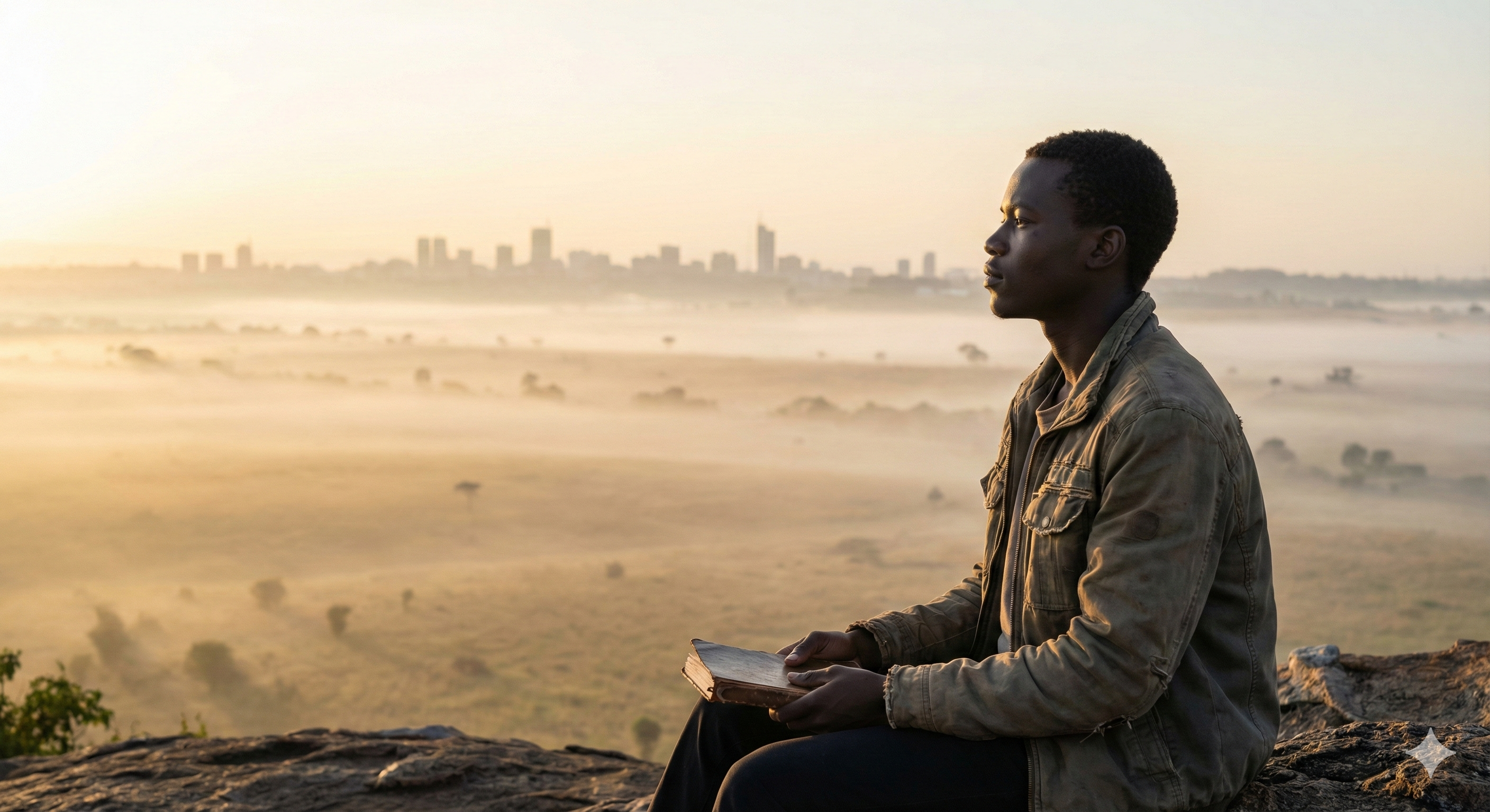 Young person looking over a city skyline with hope.
